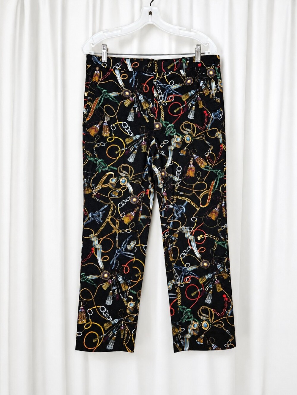 Zara Basic Black Baroque Colorful Chain Rope Tassel Print Everyday Ankle Pants